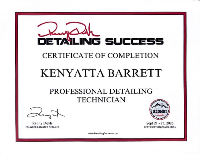 Detailing Success certificate: Professional Detailing Technician