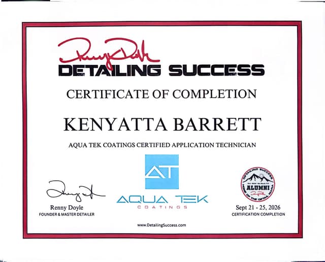 Detailing Success certificate: Aqua Tek Coatings Certified Application Technician
