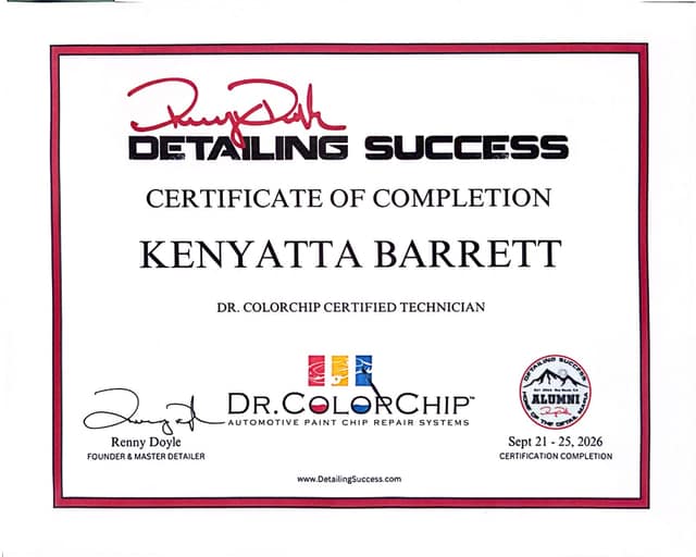 Detailing Success certificate: Dr. ColorChip Certified Technician