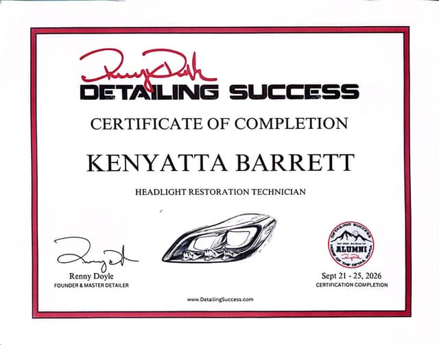 Detailing Success certificate: Headlight Restoration Technician